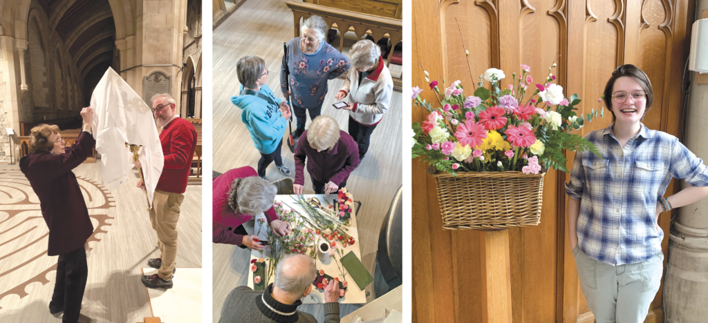 A collage of three photographs. On the left, two people veil a processional cross with a white cloth. In the middle, 5 people, photographed from above, arrange flowers for an Easter garden display. On the right, a young person stands beside a flower arrangement